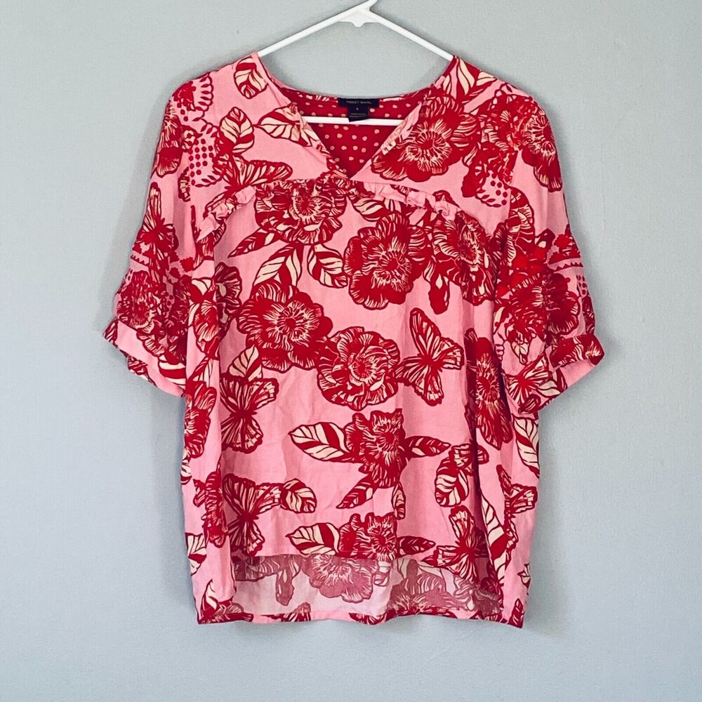 Anthropologie Vineet Bahl Top Small Pink Red Boho Bohemian Smocked Floral
